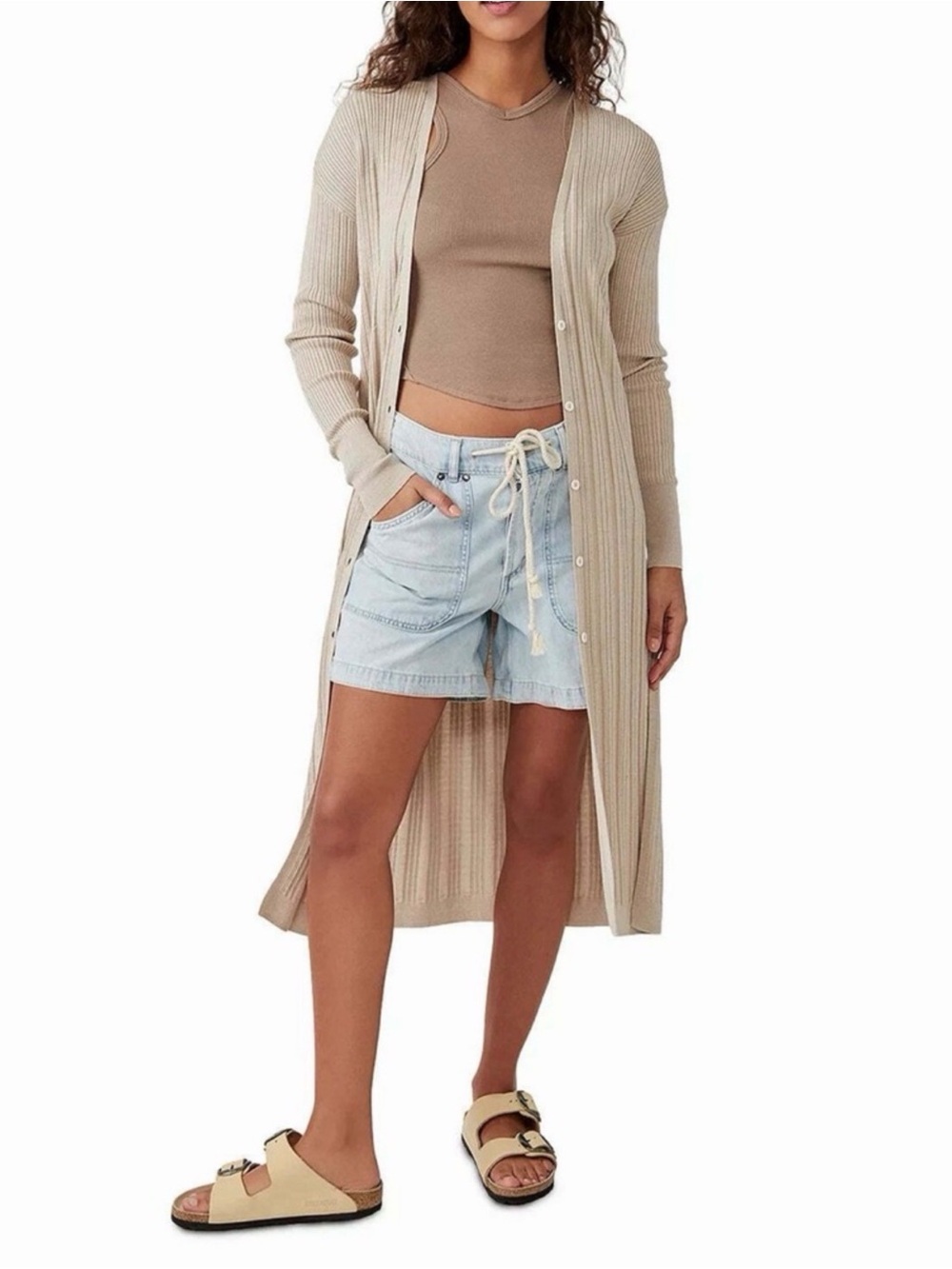 Free People Long Ribbed Button-Front Duster Cardigan in Beige